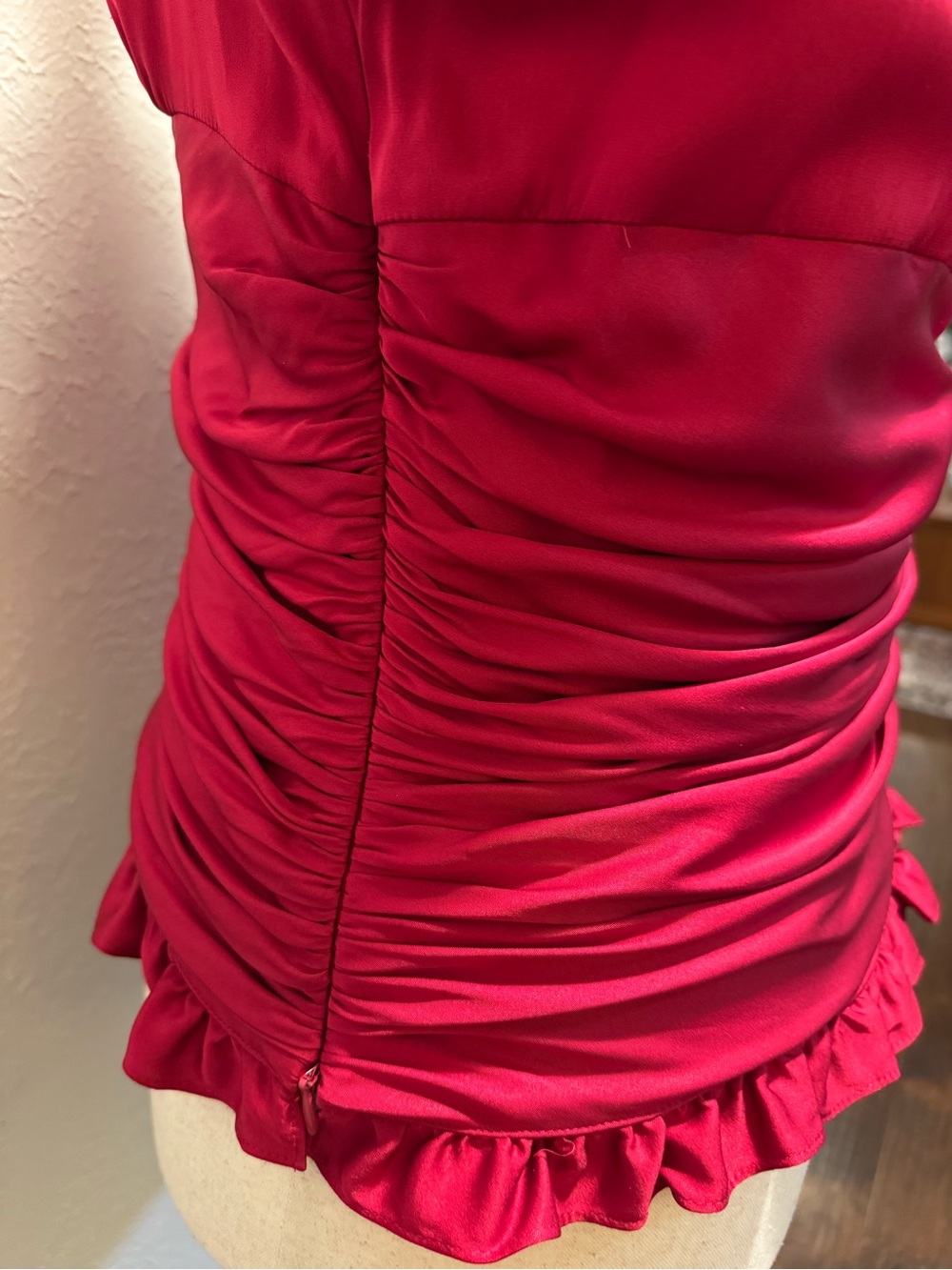 Silk ANTONIO MELANI Ruby Red Ruffled Ruched V-Neck Blouse - Picture 6 of 10